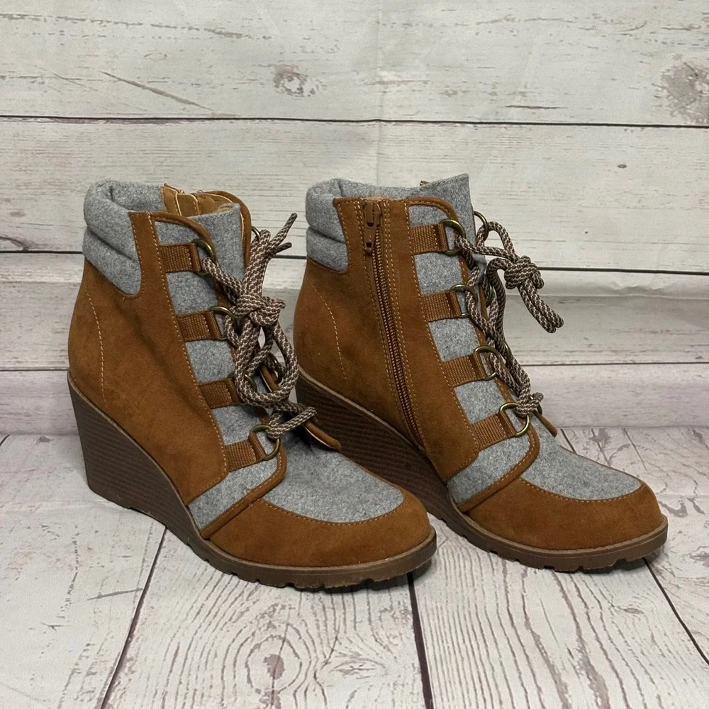 Falls Creek Brown Faux Suede Grey Felt Lace Up Wedge Ankle Boots Womens 8M